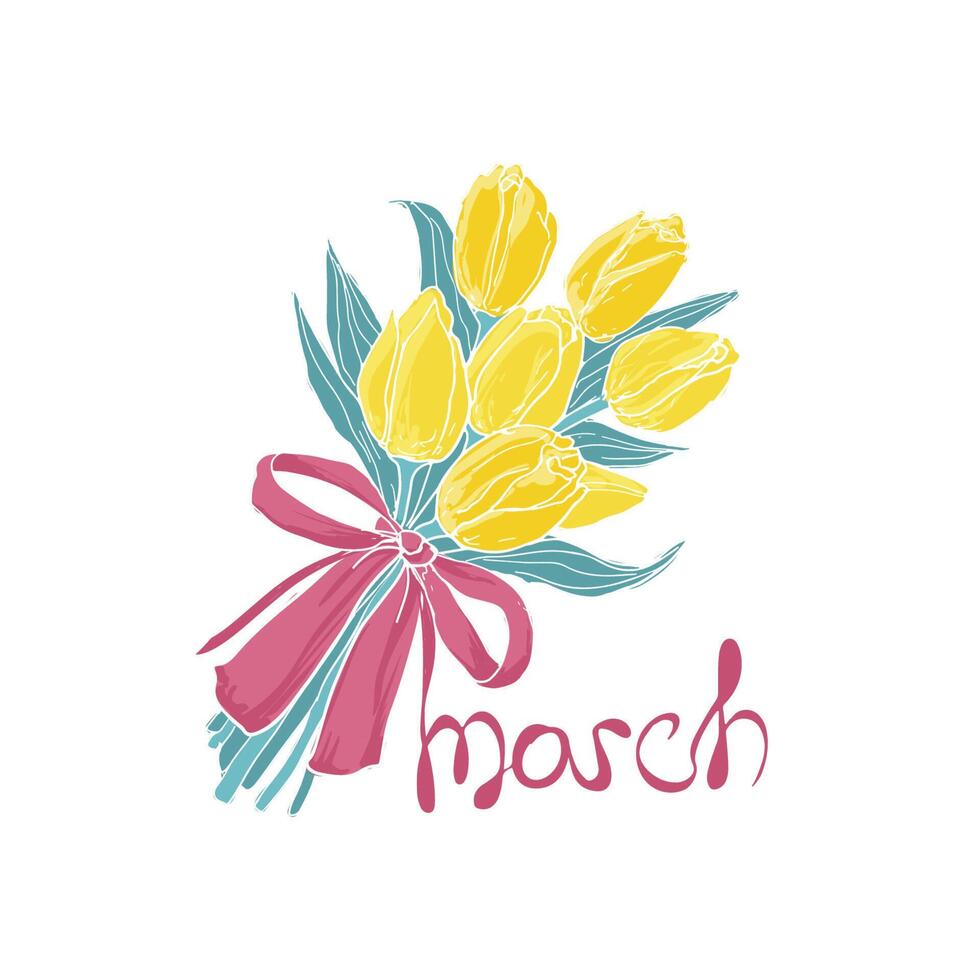 Bouquet of yellow tulips tied with elegant pink ribbon and 8 march inscription. Bunch of beautiful spring flowers isolated on white background. illustration for international women's day. vector