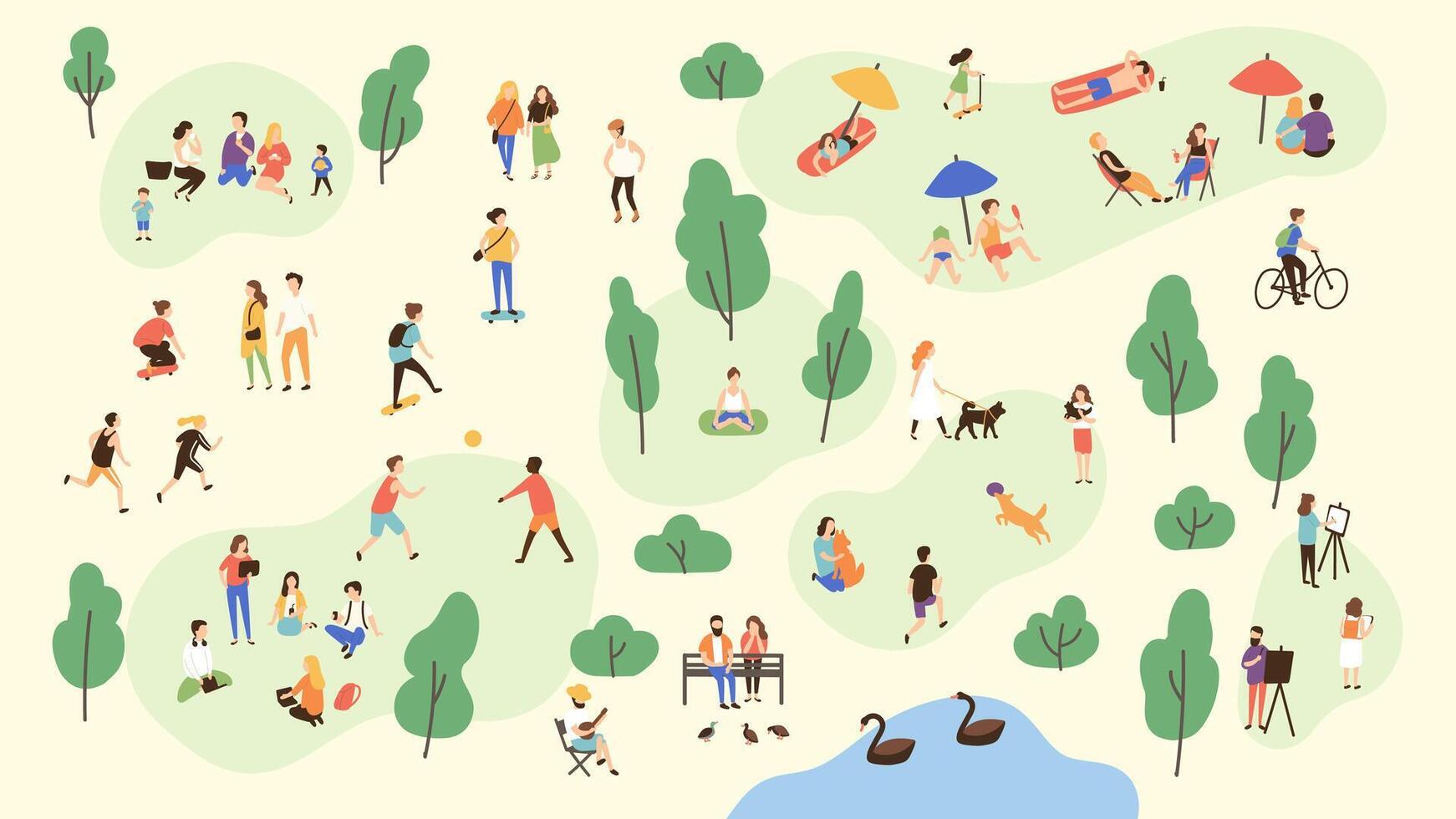 Various people at park performing leisure outdoor activities - playing with ball, walking dog, doing yoga and sports exercise, painting, eating lunch, sunbathing. Cartoon colorful illustration. vector