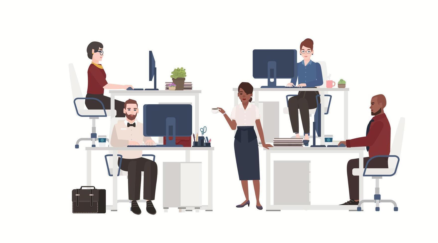 Men and women dressed in smart clothes working on computers. Male and female office workers sitting at desks or standing and drinking coffee. Flat cartoon characters. Colorful illustration. vector