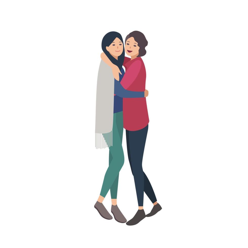 Pair of pretty young women standing together and hugging. Close friends or sisters embracing and laughing. Flat female cartoon characters isolated on white background. Colorful illustration. vector