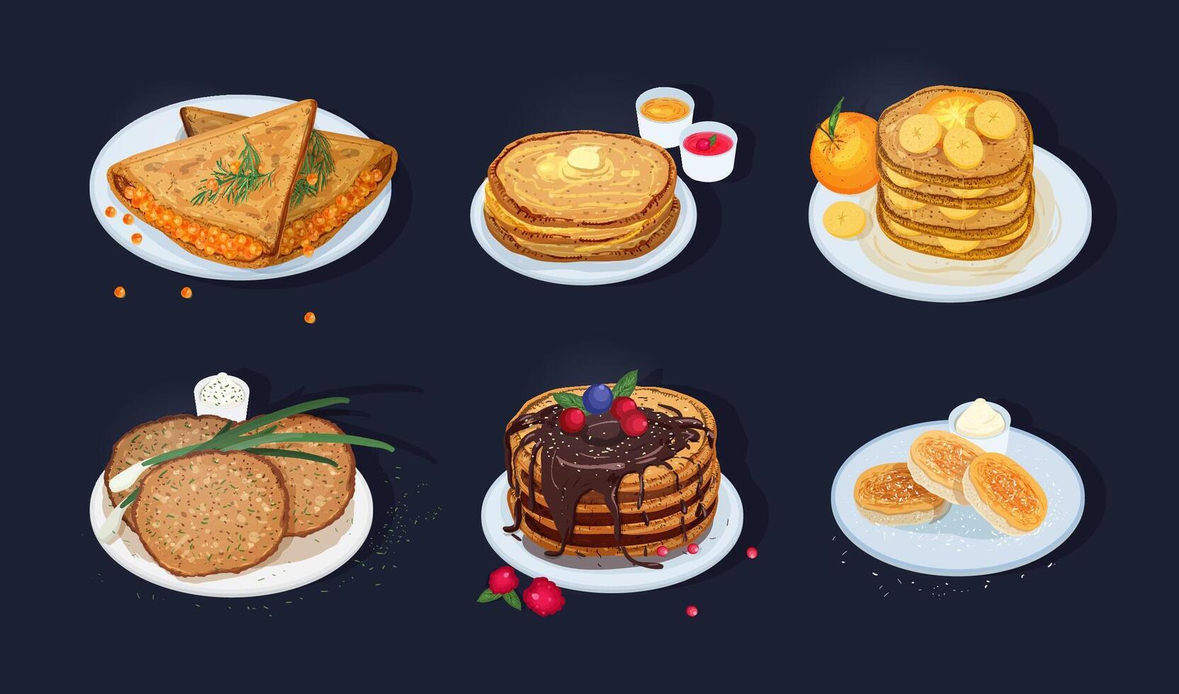 Collection of fried pancakes, blini, crepes, syrniki, oladyi lying on plates with various toppings isolated on dark background. Delicious cooked breakfast meals. Colorful illustration. vector
