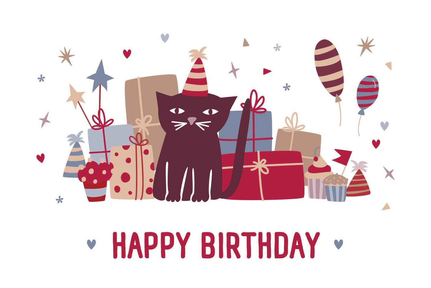 Happy birthday wish and funny cartoon black cat in party hat sitting against gifts, cupcakes, colorful balloons and festive confetti on background. illustration in flat style for greeting card. vector