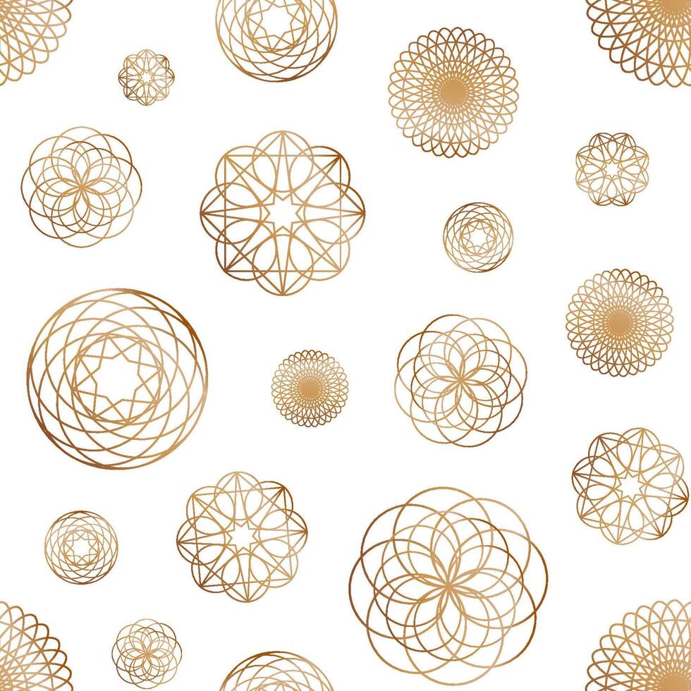 Abstract seamless pattern with various round geometric shapes drawn with golden contour lines on white background. Elegant illustration for wallpaper, wrapping paper, fabric print, backdrop. vector