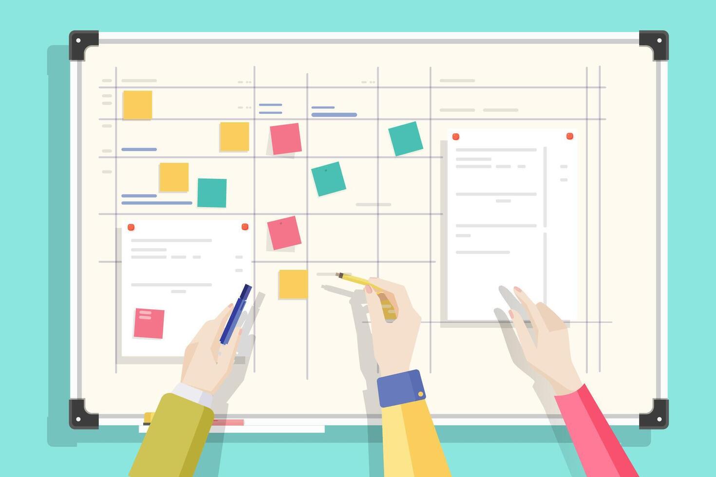 Magnetic whiteboard with table drawn on it, notes sticked by magnets and hands holding pen and pencil. Board for effective daily planning, scheduling, timetable. Colorful flat illustration. vector