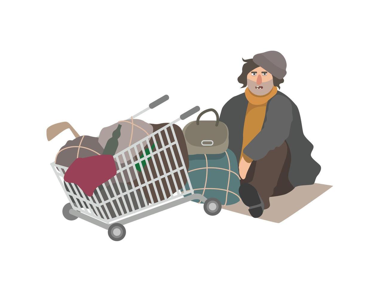 Angry homeless man dressed in shabby clothes sitting on cardboard sheet on street beside shopping cart full of old junk and trash. Cartoon character isolated on white background. illustration. vector
