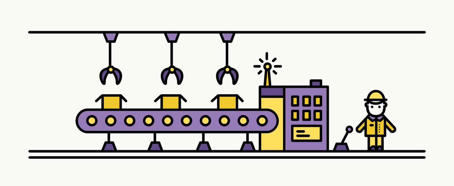 Factory belt conveyor equipped with hanging robotic manipulators conveying boxes and industrial worker in hard hat standing at controlling panel. Colored illustration in line art style. vector
