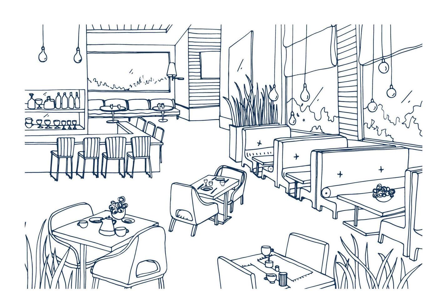Freehand sketch of furnished interior of fancy restaurant or bistro hand drawn with contour lines on white background. Rough drawing of modern cafe or coffee house. Monochrome illustration. vector