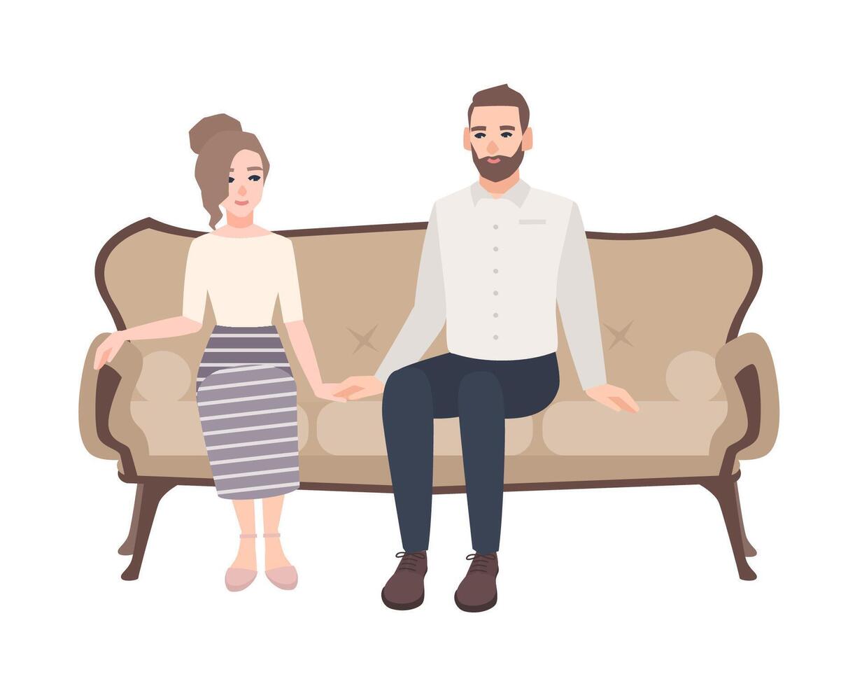 Young couple sitting on elegant sofa, holding hands and looking at each other. Man and woman in love on classical couch isolated on white background. Cute flat cartoon characters. illustration. vector