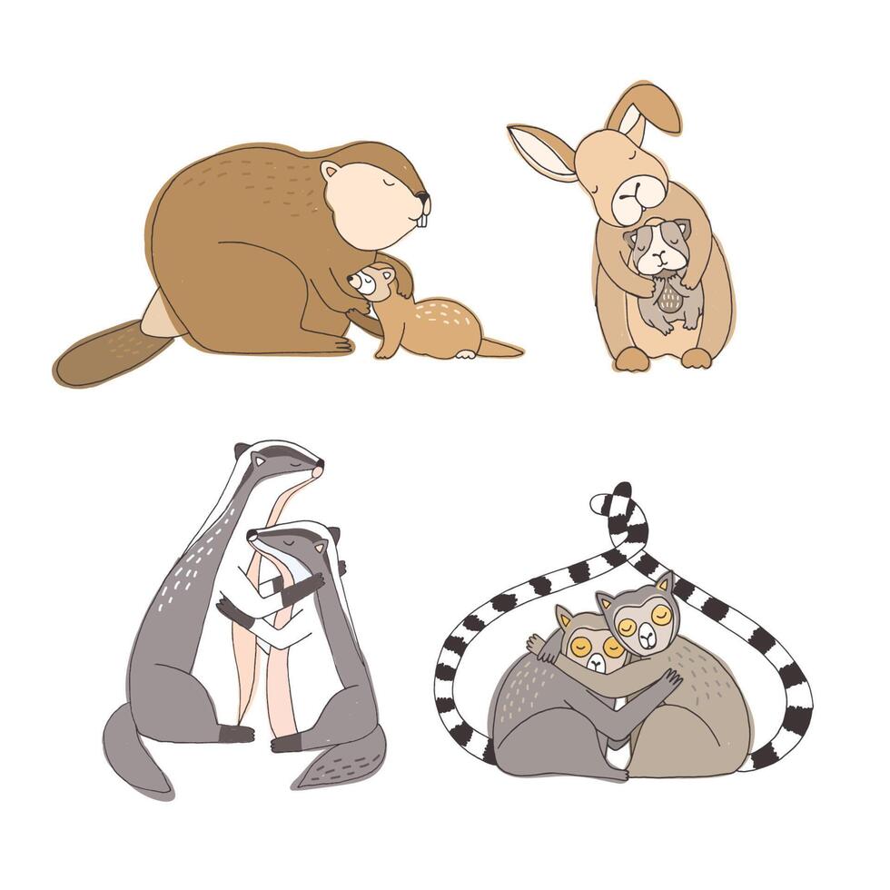 Collection of hugging cartoon animals isolated on white background - rabbit, beaver, ferret, guinea pig, lemurs, badgers. Bundle of cute embracing loving couples. Colorful illustration. vector