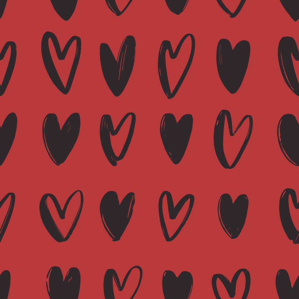 Seamless pattern with black hand drawn hearts on red background. Valentine's day backdrop with love, romance and passion symbols. illustration for wrapping paper, fabric print, wallpaper. vector