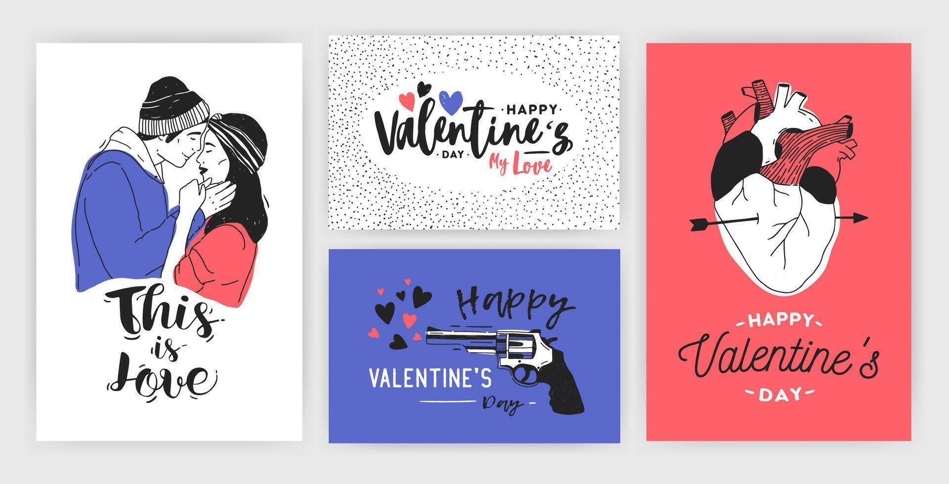 Collection of Valentine's day greeting card, party invitation or flyer templates with hand drawn kissing young couple, anatomical heart and inscriptions. Colorful trendy festive illustration. vector