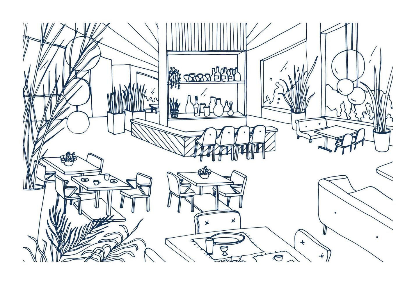 Restaurant or bistro interior with modern furnishings hand drawn with contours on white background. Freehand drawing of cafe or bar furnished in elegant loft style. Monochrome illustration. vector