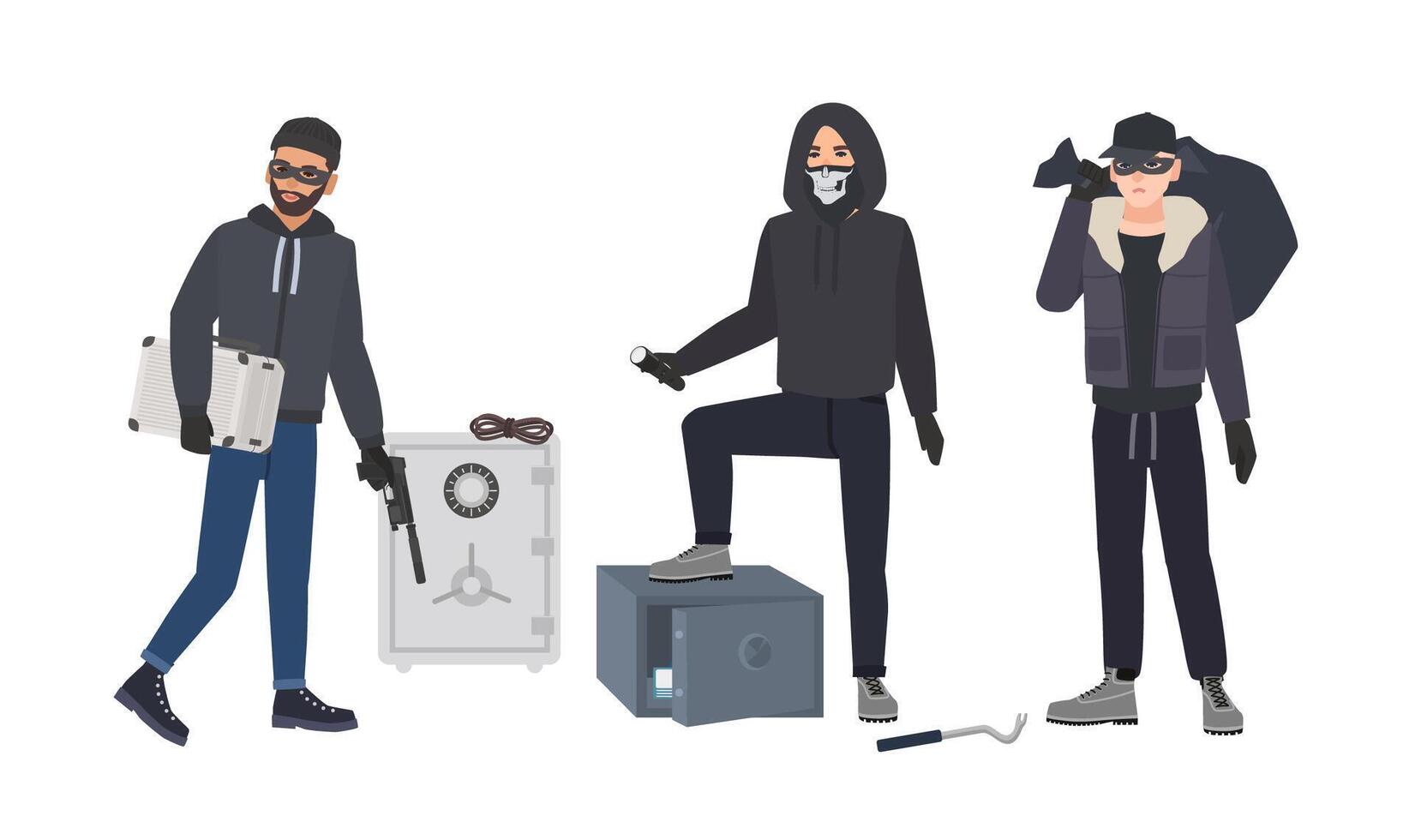 Gang of robbers or burglars dressed in black clothes standing beside opened bank safes. Group of male thieves committing burglary or theft. Flat cartoon characters. Colorful illustration. vector
