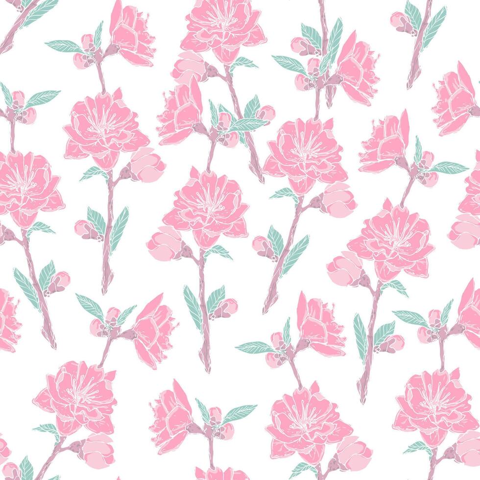 Gorgeous seamless pattern with blooming pink rose on white background. Backdrop with beautiful tender flowers. Colored illustration in antique style for wrapping paper, wallpaper, fabric print. vector