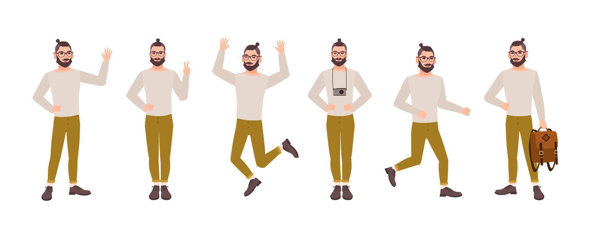 Cheerful man with stylish hairstyle and beard in various postures. Hipster guy dressed in trendy clothes in different poses. Male cartoon character isolated on white background. illustration. vector
