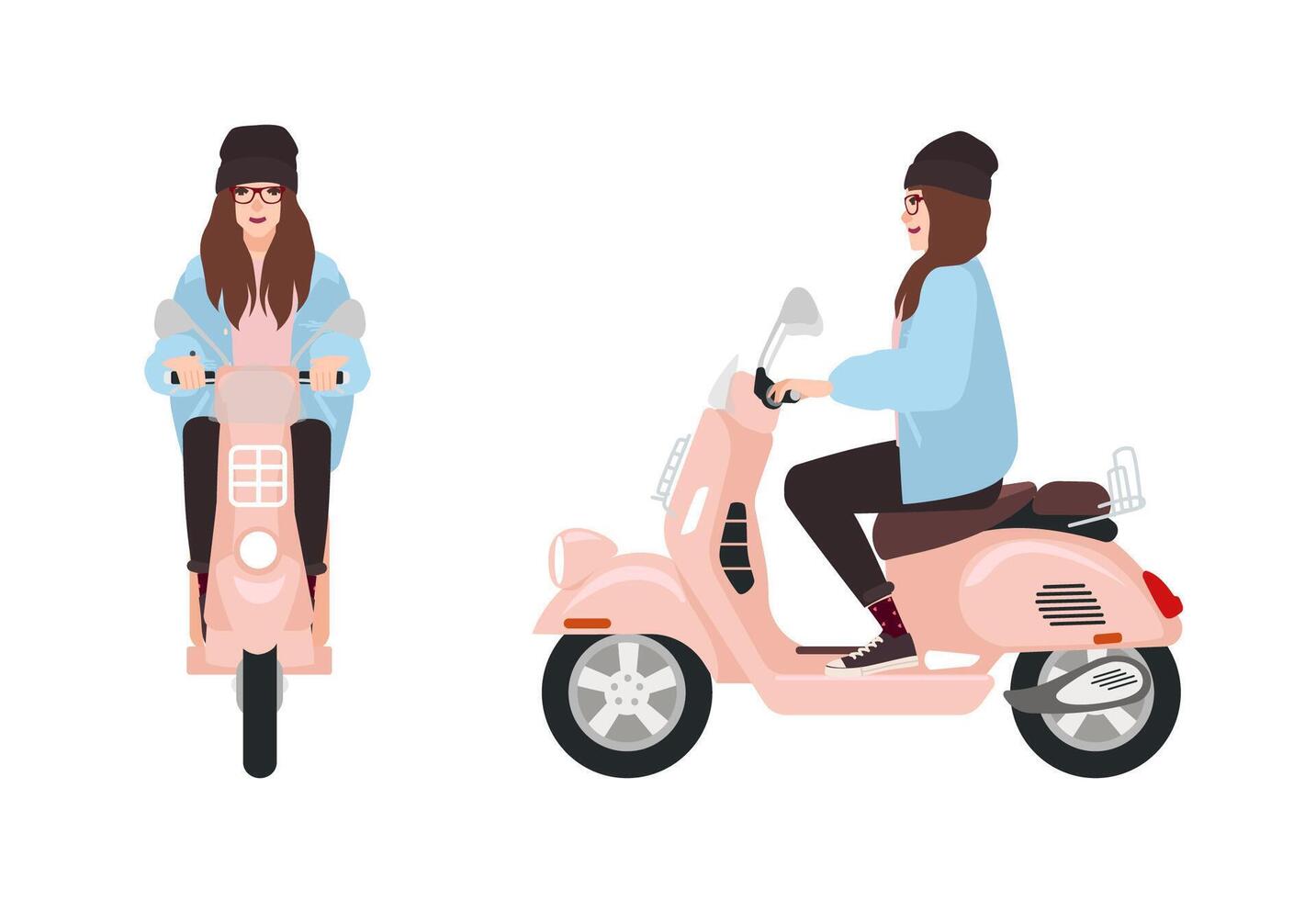 Smiling hipster girl dressed in trendy casual clothes riding pink scooter. Stylish young woman sitting on modern motor vehicle isolated on white background. illustration in flat style. vector