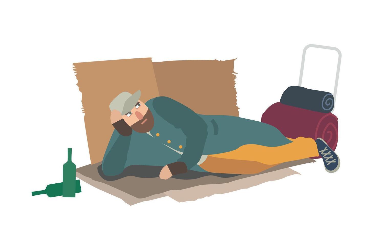 Homeless man dressed in ragged clothes lying on cardboard sheets on ground. Hobo, bum, tramp or vagabond. Person in poverty. Poor male character isolated on white background. illustration. vector