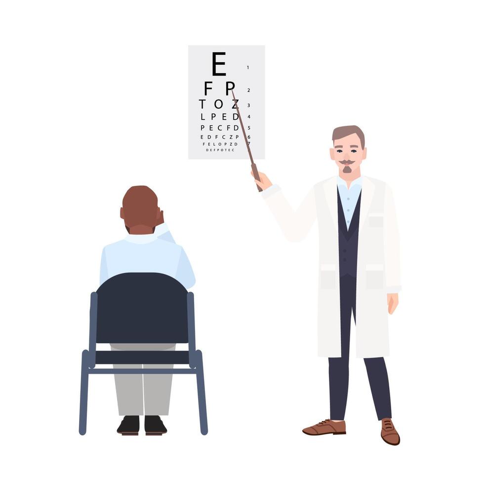 Ophthalmologist with pointer standing beside eye chart and checking eyesight of man sitting in front of it. Oculist measuring visual acuity of patient. Colorful illustration in flat style. vector