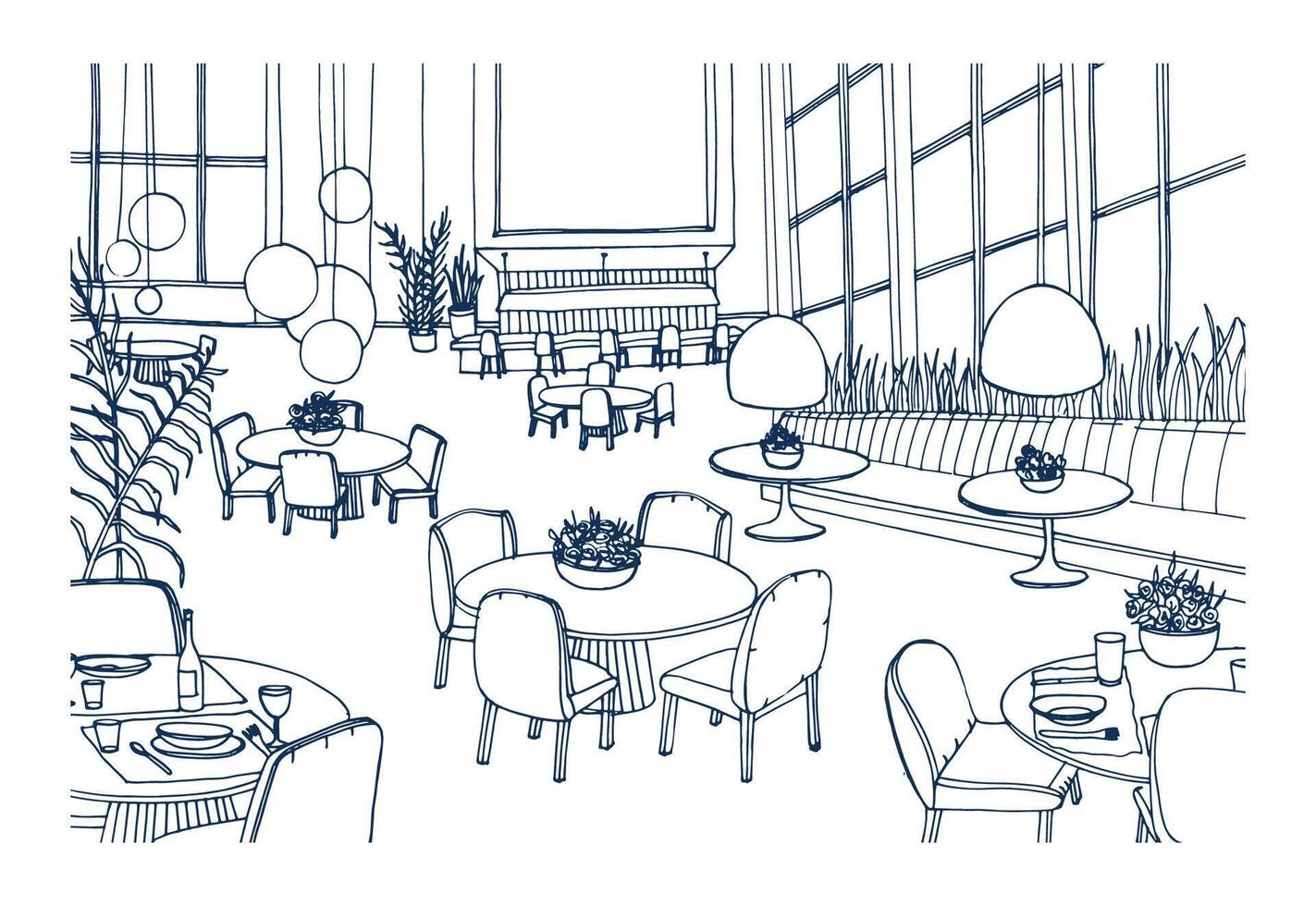 Modern restaurant or cafe interior furnished with elegant tables, chairs, pendant lights hand drawn in monochrome colors. Freehand sketch of bistro full of stylish furniture. illustration. vector