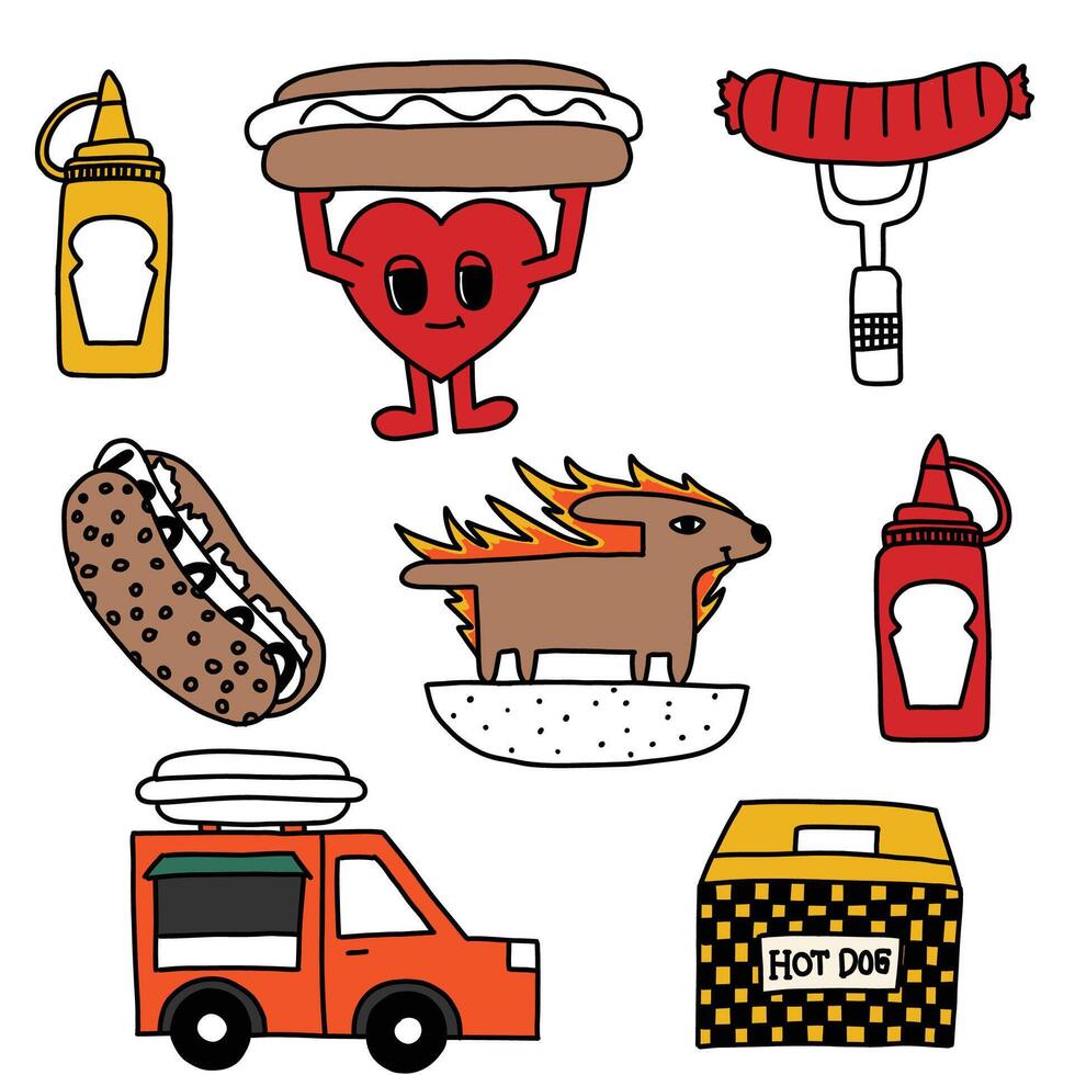 hand drawn cute hot dog y2k illustration vector