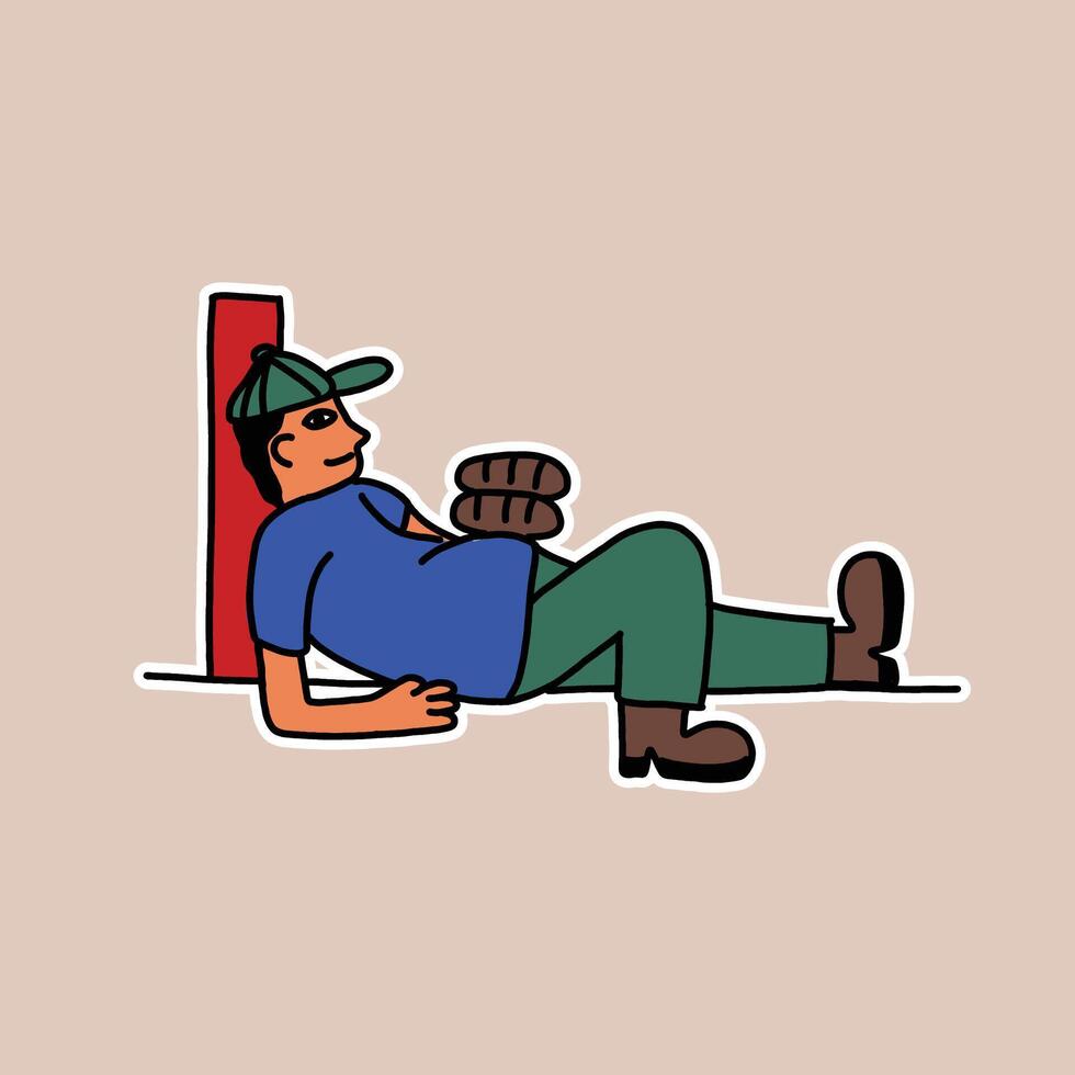 hand drawn cute man laying with bread illustration vector