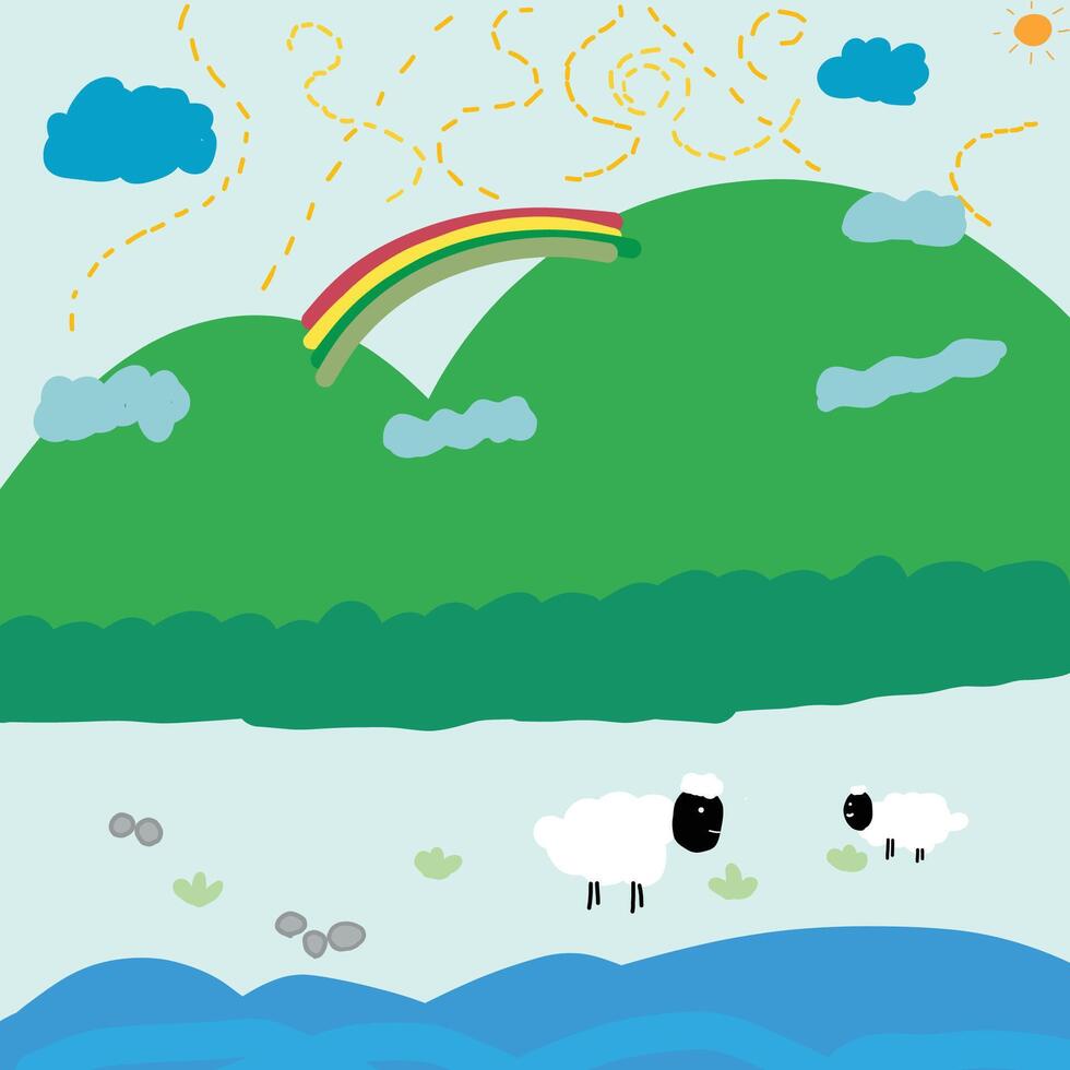 kids drawing mountain views with rainbows and sheep vector