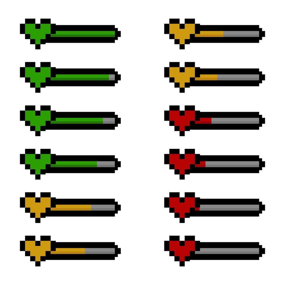 Pixel heart loading bars, heart loading progress bar 8bit style vector