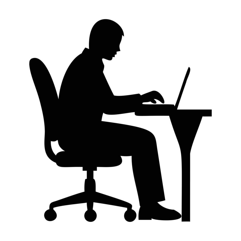 Silhouette of a man sitting at a desk with a laptop vector