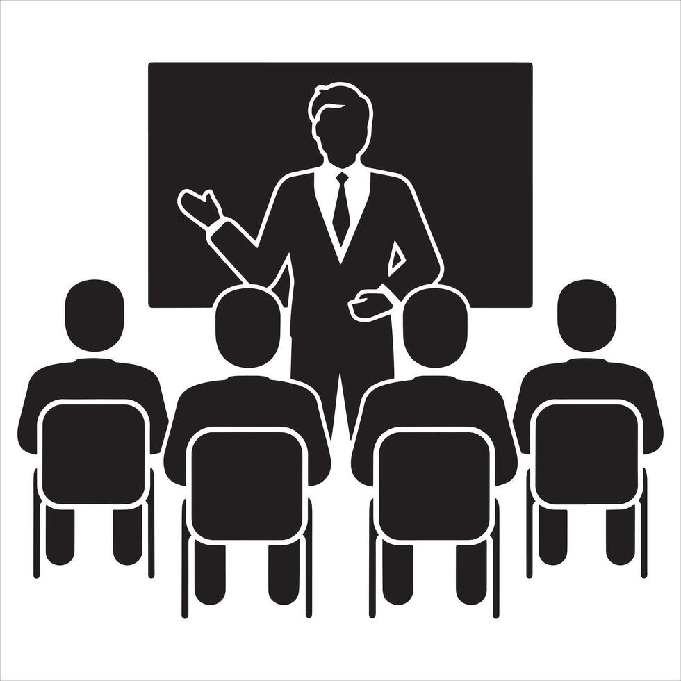A black and white image of a man giving a presentation vector