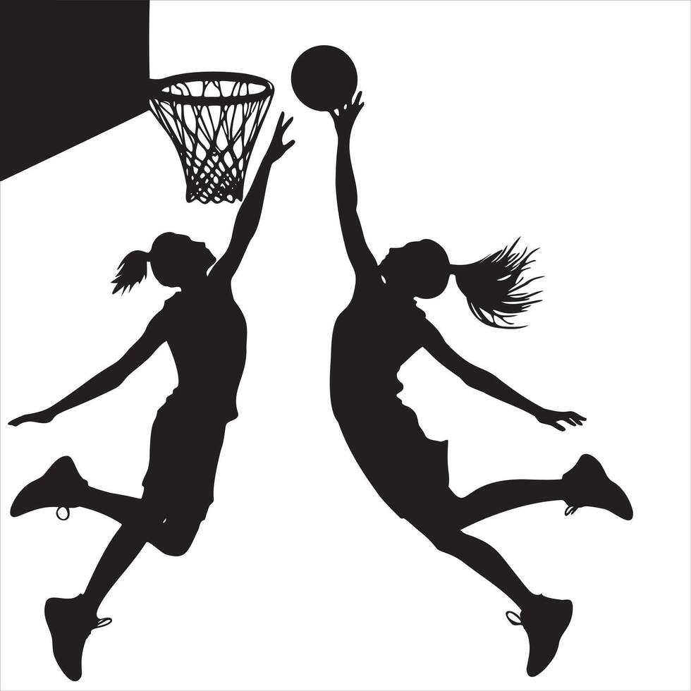 Two women playing basketball on a white background vector