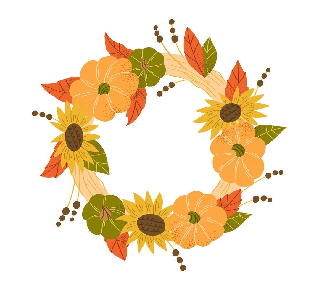 Autumn floral wreath with pumpkins and sunflowers vector