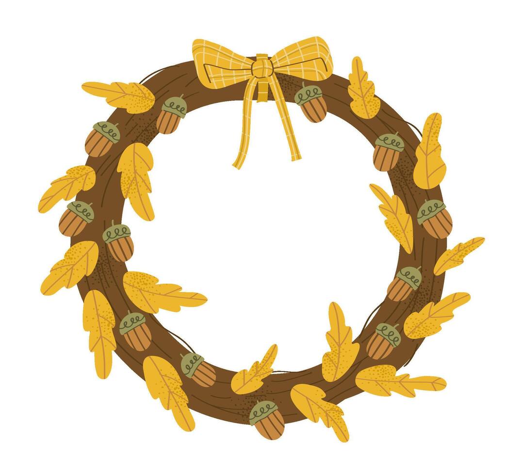 Fall wreath with acorns, yellow leaves, and bow vector