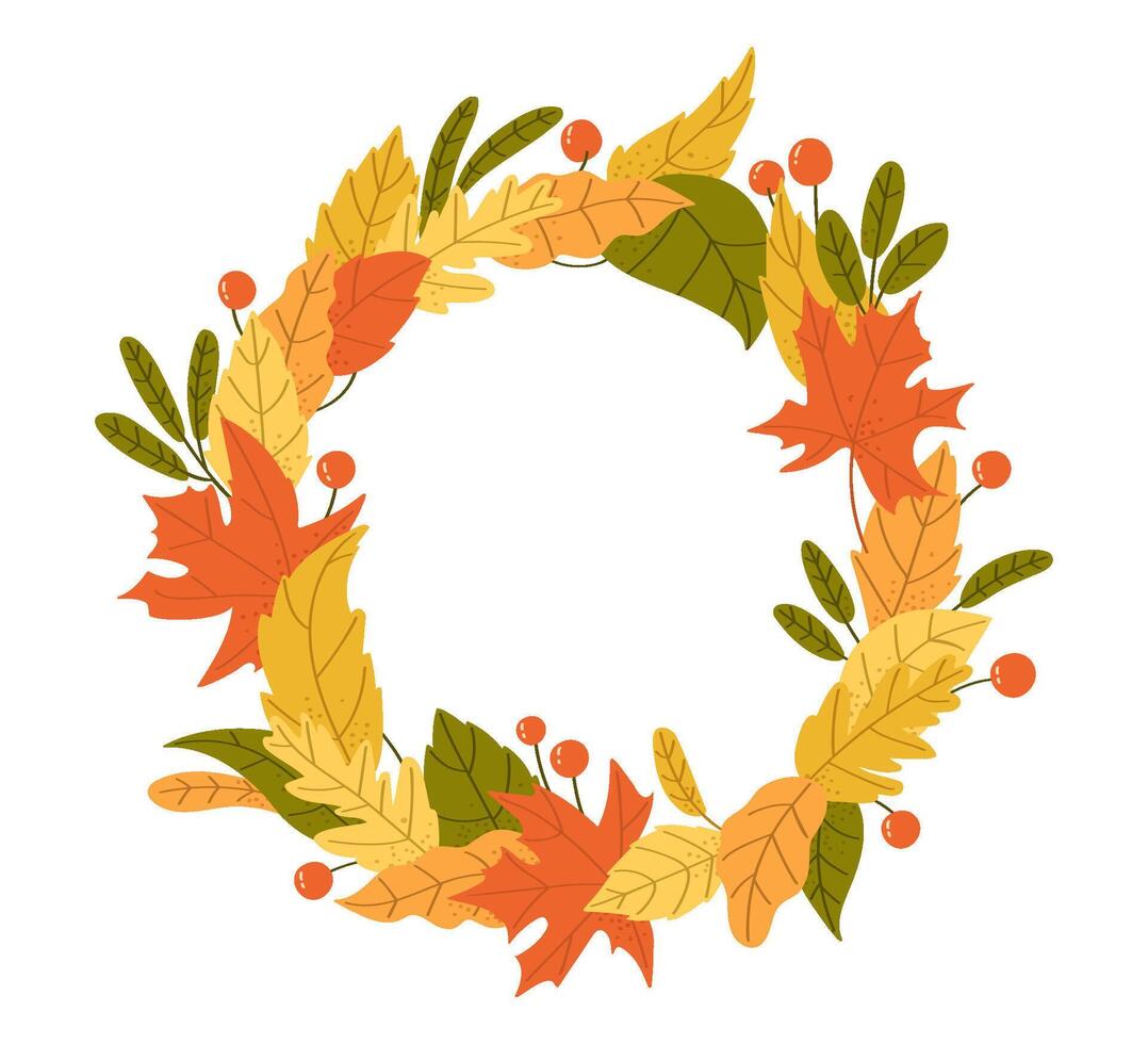Autumn wreath with colorful leaves and berries vector
