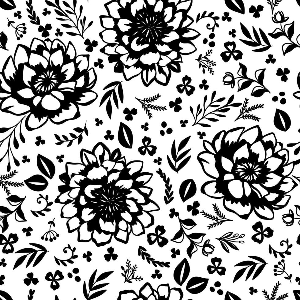 Black sketch flowers and leaves seamless vector