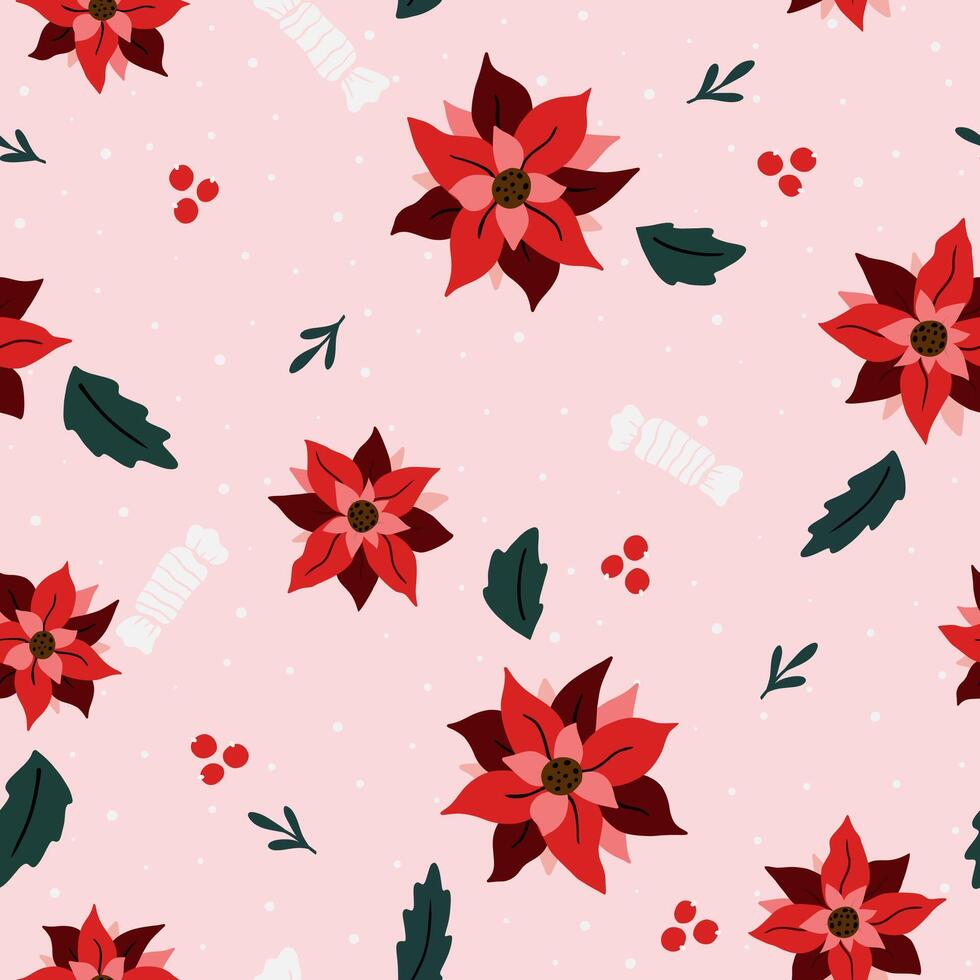 Christmas Poinsettia Flowers Seamless Pattern Design. Winter flowers and candy pattern vector