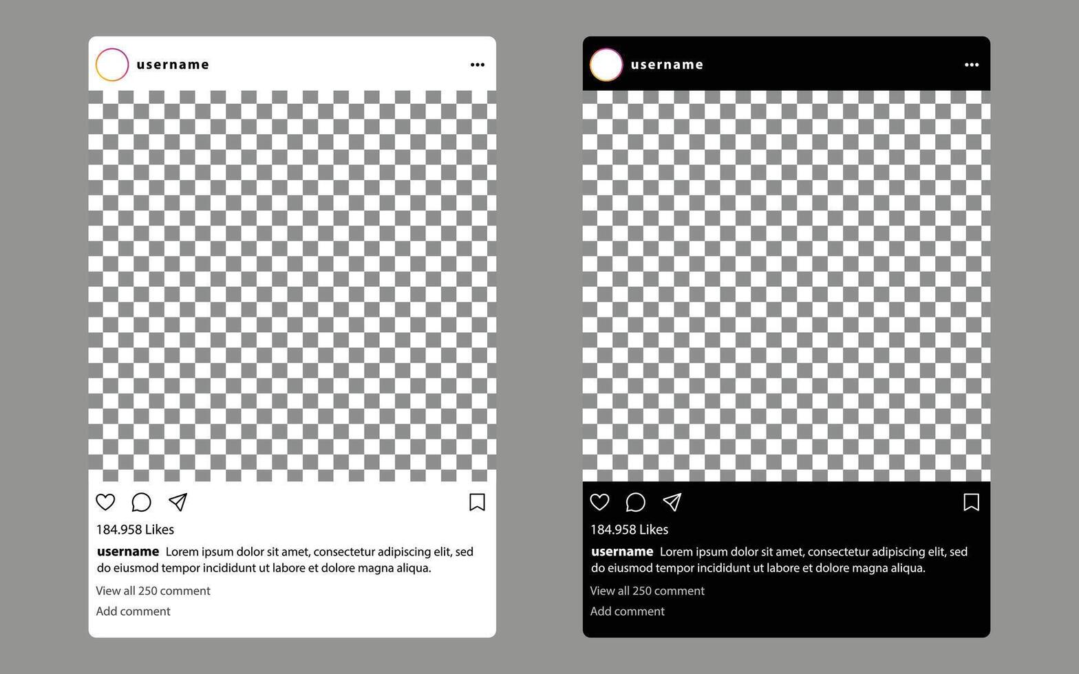 Social Media Post frame template. Light and dark theme interface. Social media post element. vector