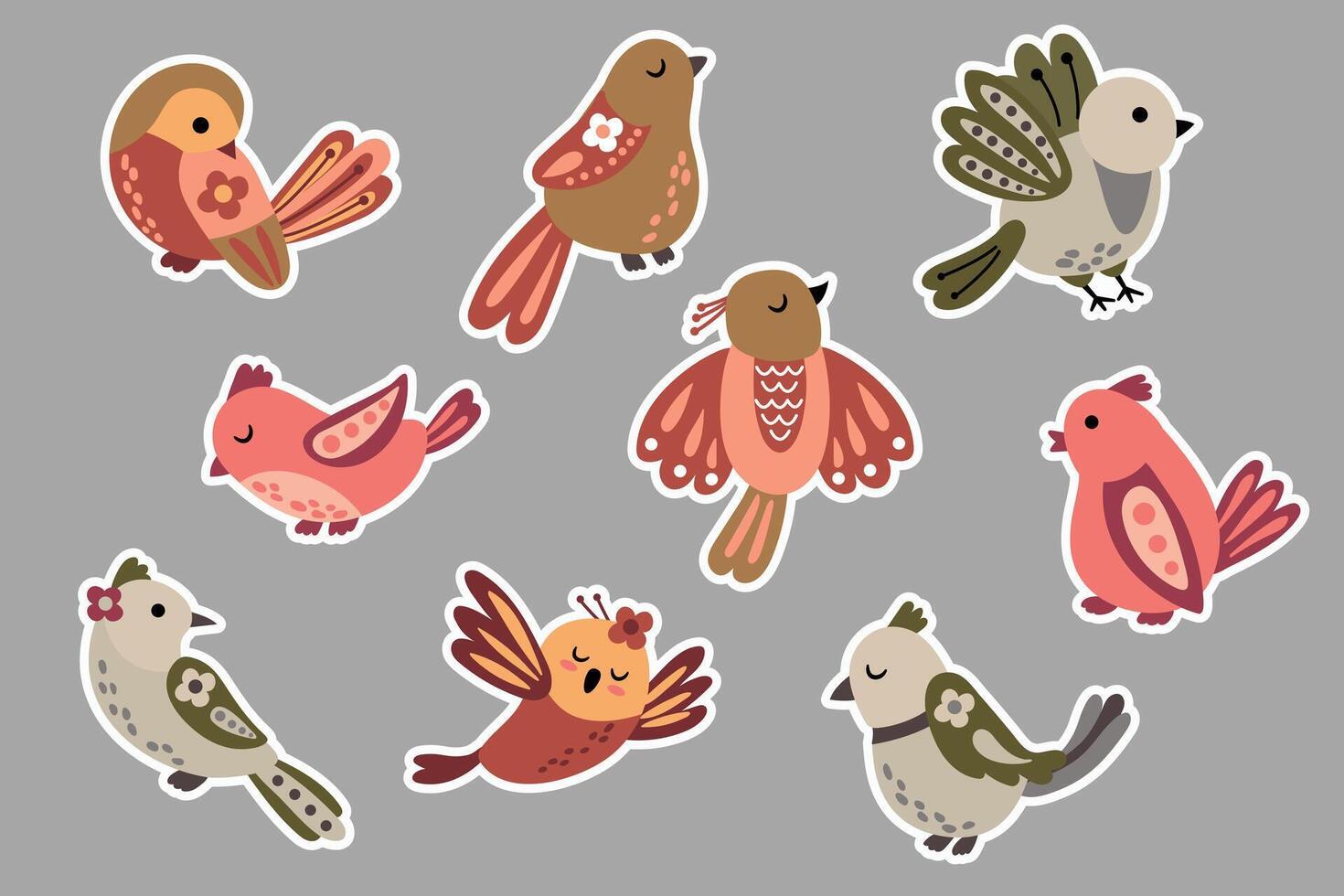 Set of stickers with cute birds. Hand drawn style. vector