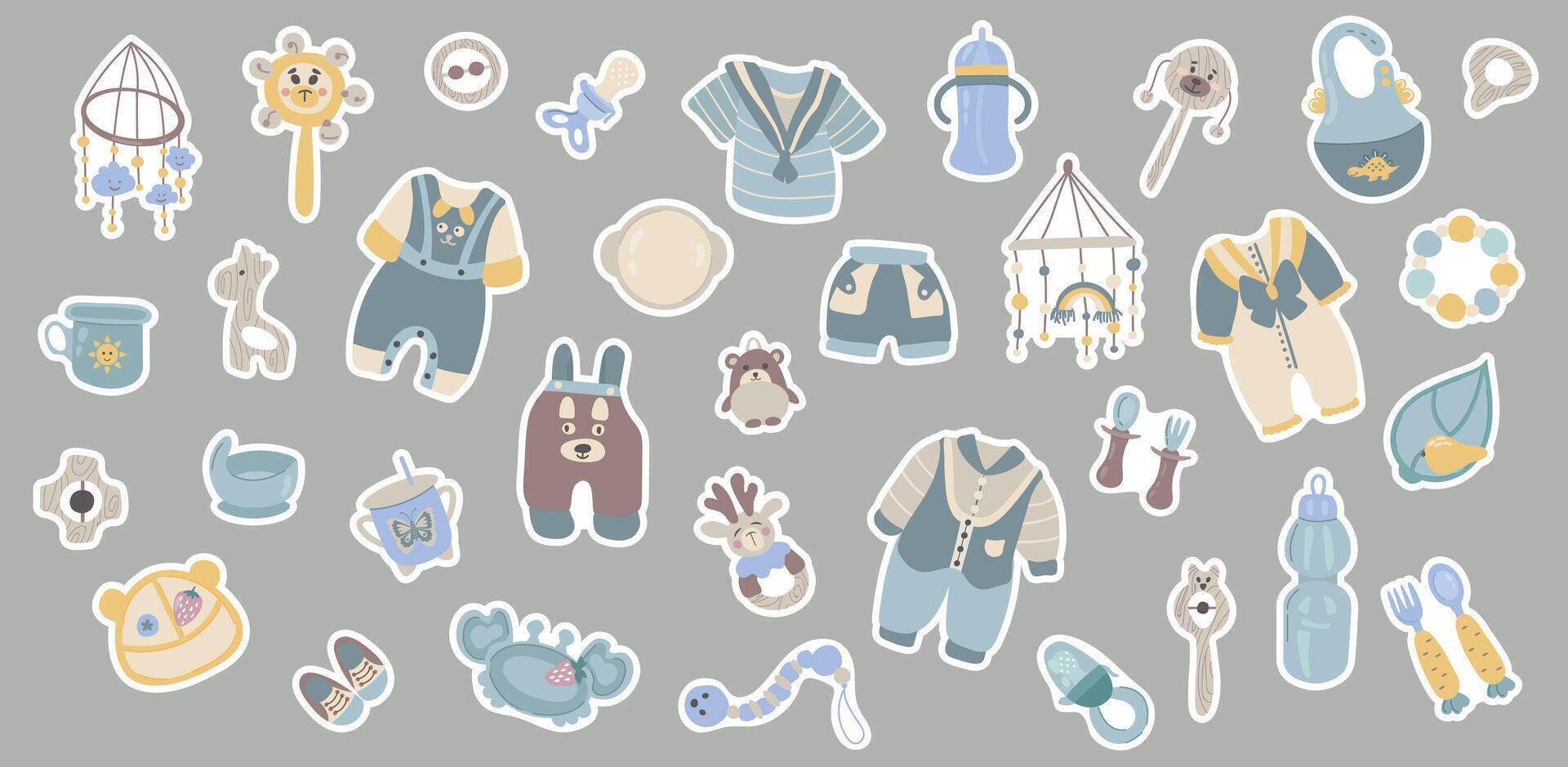 Set of stickers It's a boy. Overalls, pants, shorts, T-shirt, toys, dishes. vector