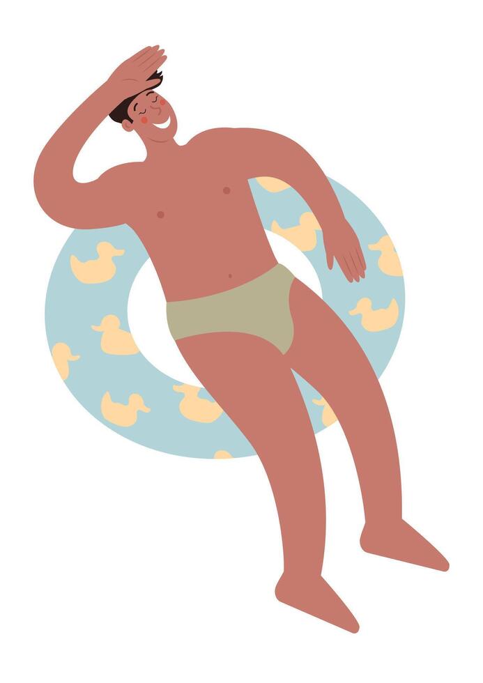 A man in swimming trunks swims in a lifebuoy with ducks. He closed his eyes and put his hand on his forehead. Cute flat modern illustration. Summer character sticker. vector