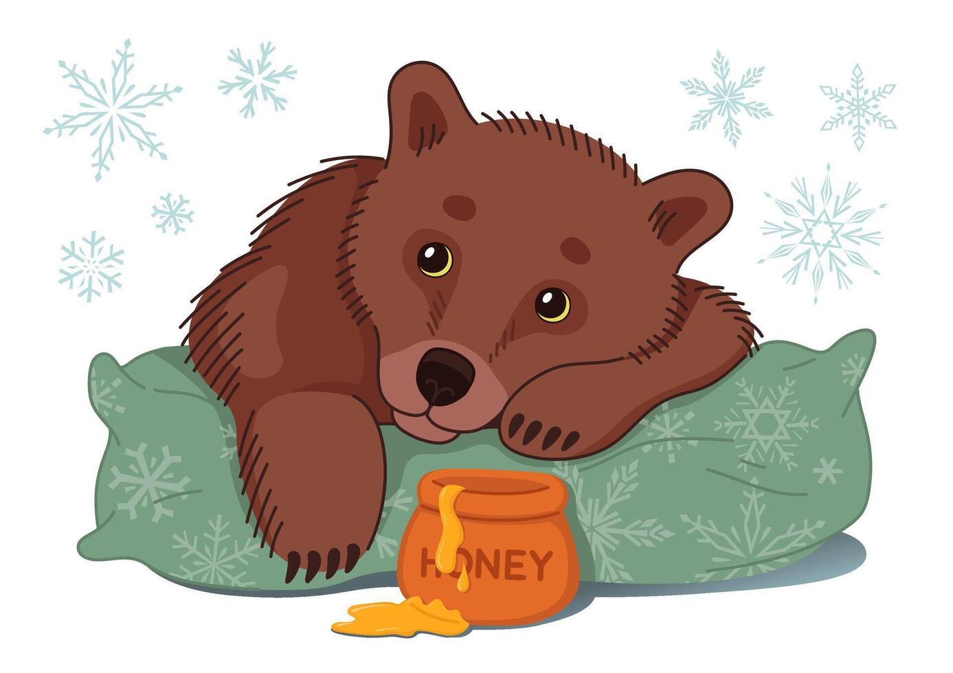Cute bear laying on a pillow with a pot of honey. Winter modern illustration with snowflakes. vector