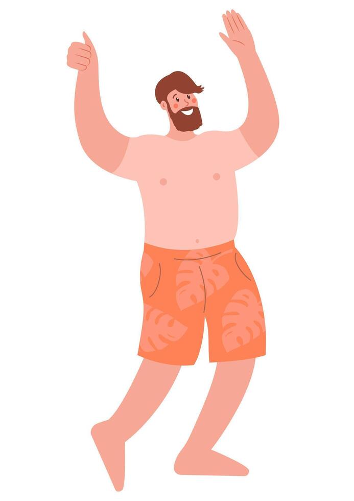 A man in shorts with palm trees and a tan over his T-shirt put his hands up. Cute flat modern illustration. Summer character sticker. vector