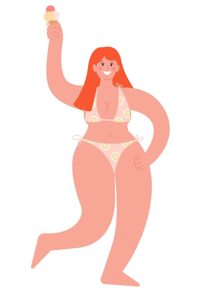 A girl in a swimming suit holds ice cream in her hand and smiles. Joyful flat modern illustration. Summer sticker with a character. vector