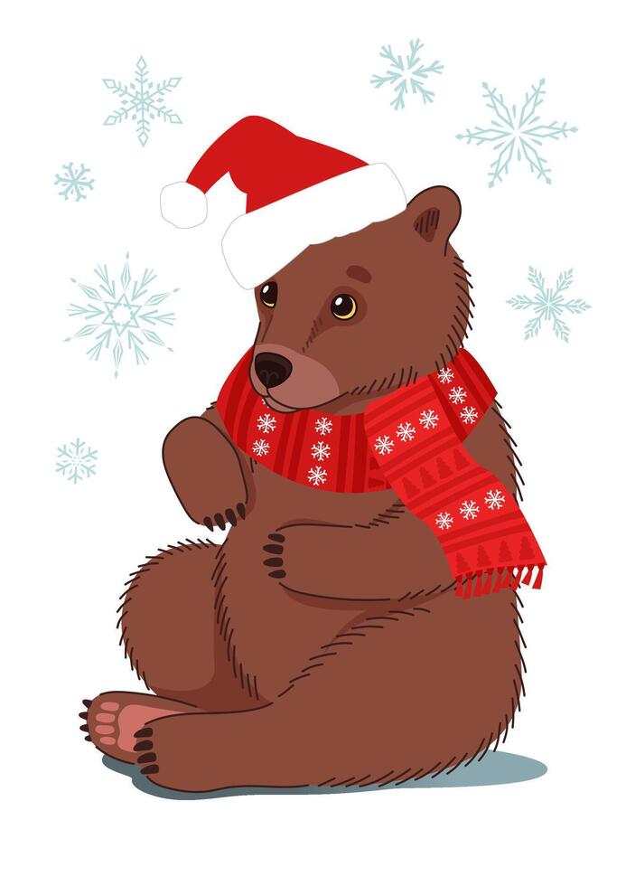 Cute bear in a Christmas hat and scarf. vector