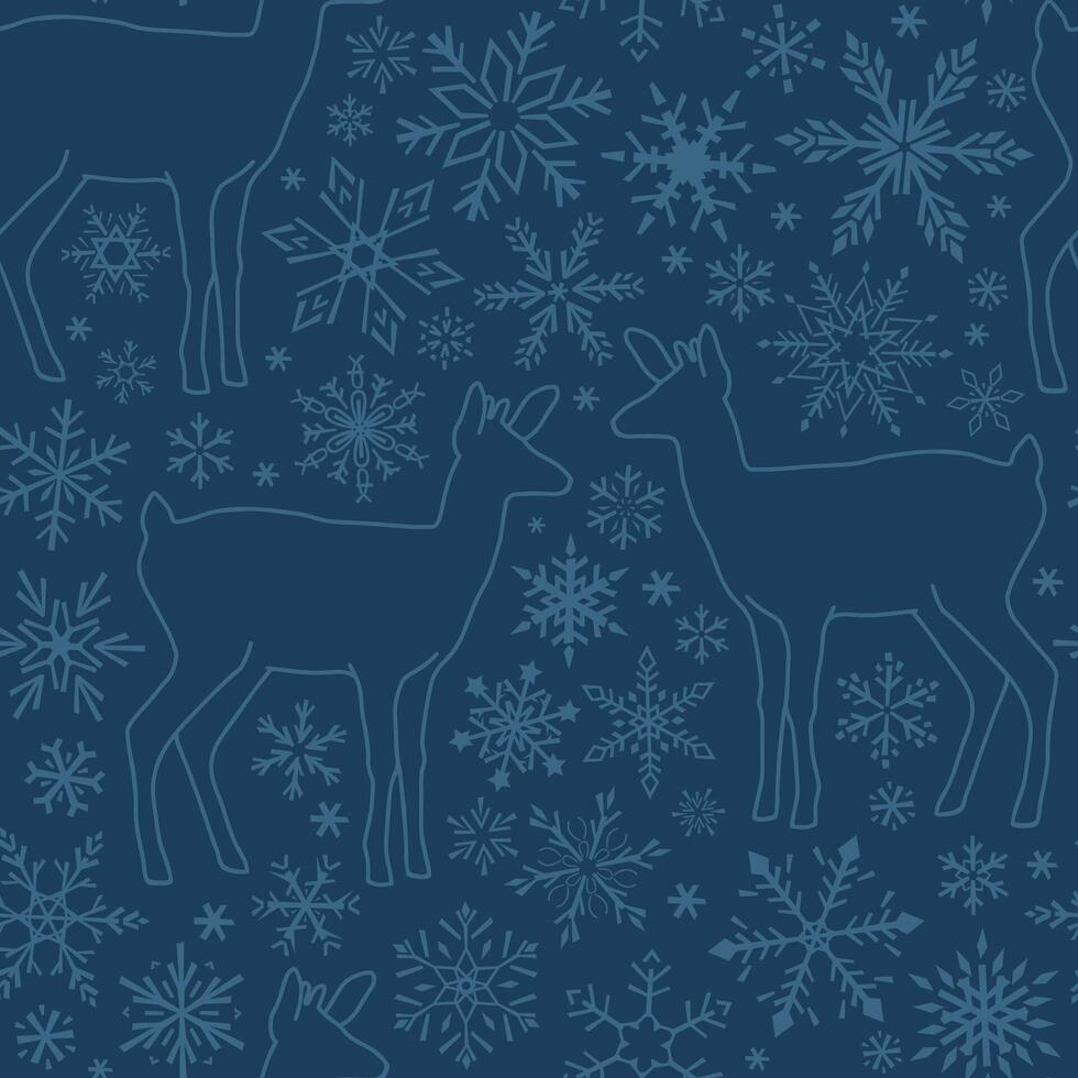 Seamless pattern with silhouettes of deer and snowflakes. Simple Outline illustration. vector
