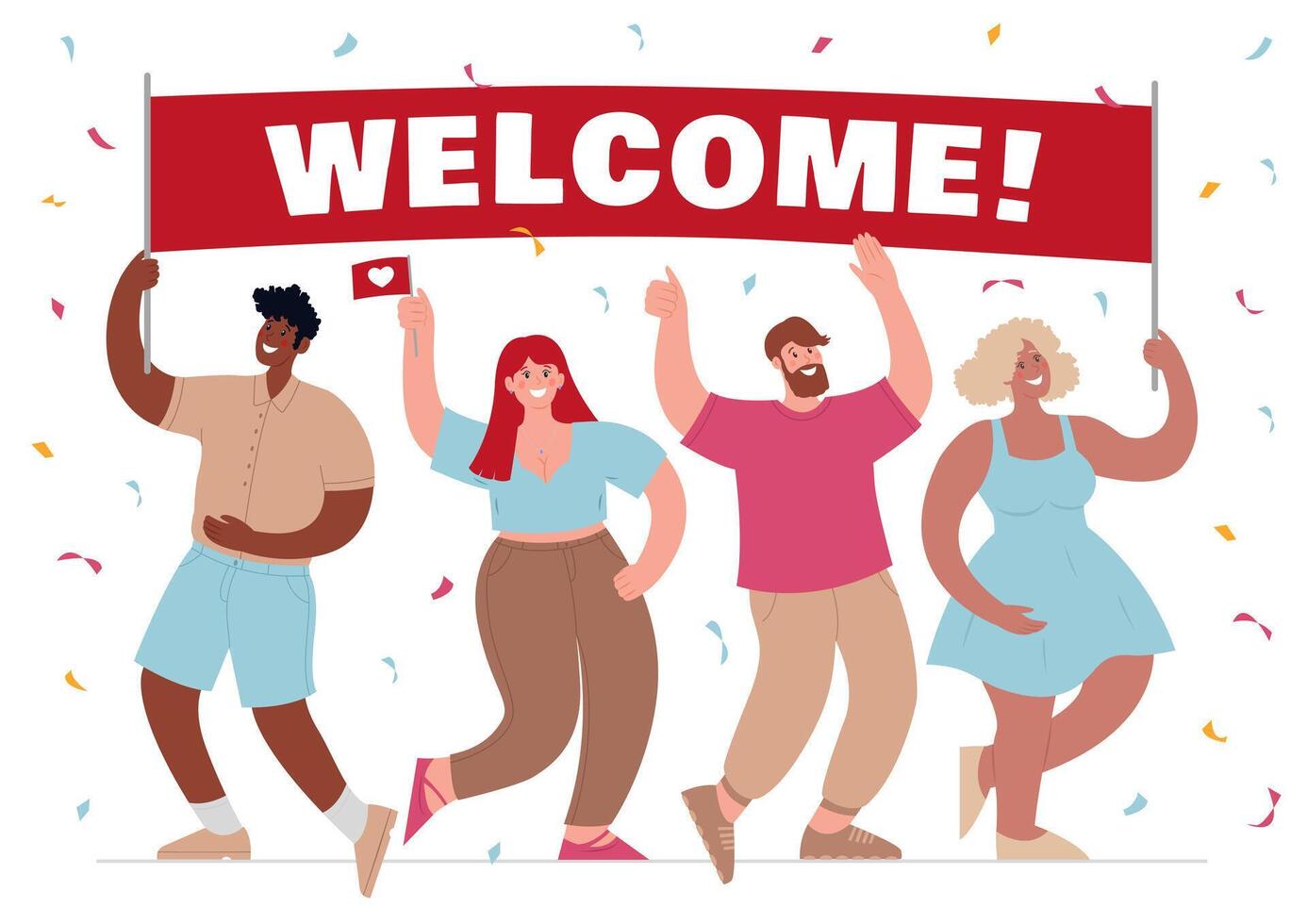 Diverse people are holding banner Welcome. flat illustration isolated on white background. vector