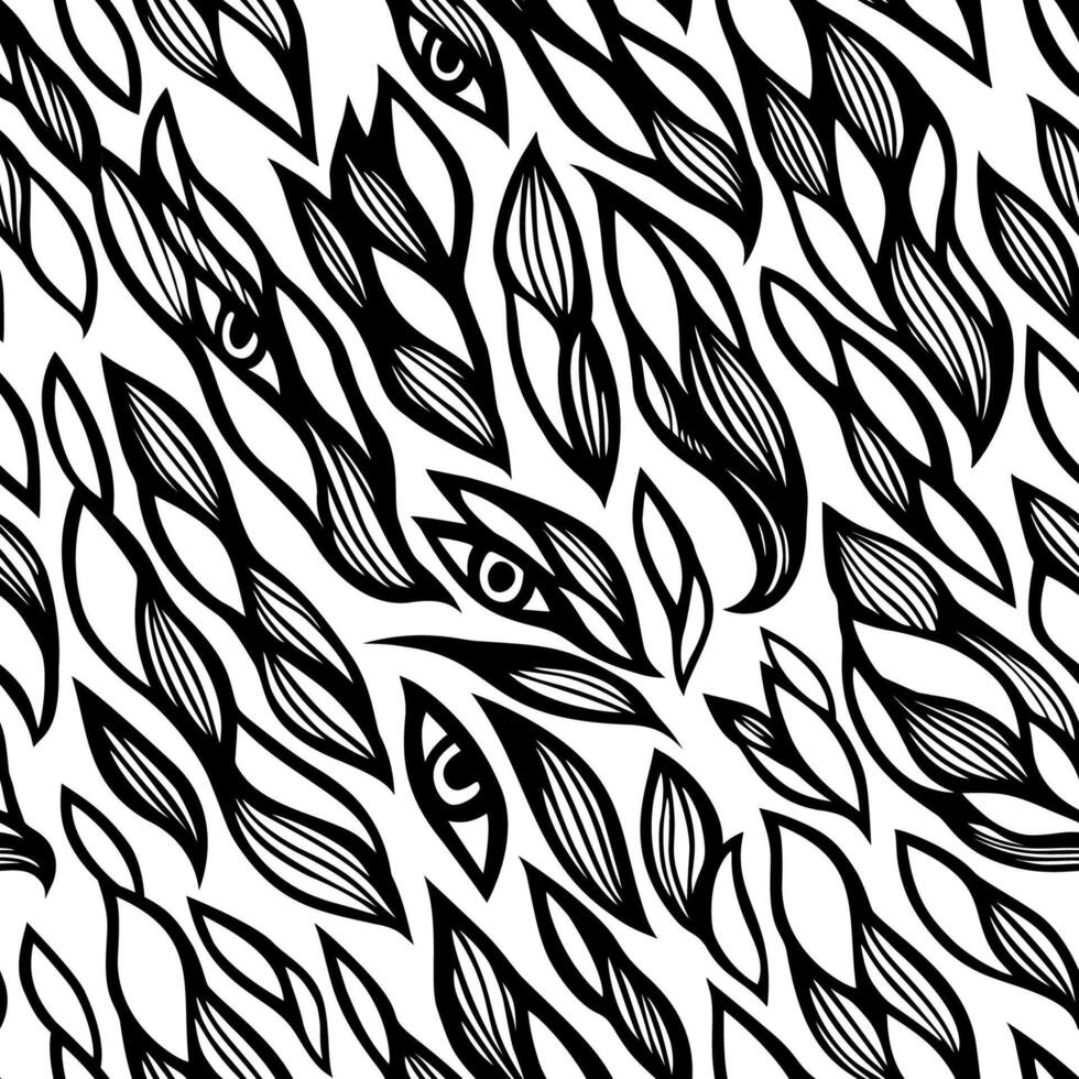 The graphic pattern of leaves and eyes. Black and white hand-drawn seamless pattern. vector