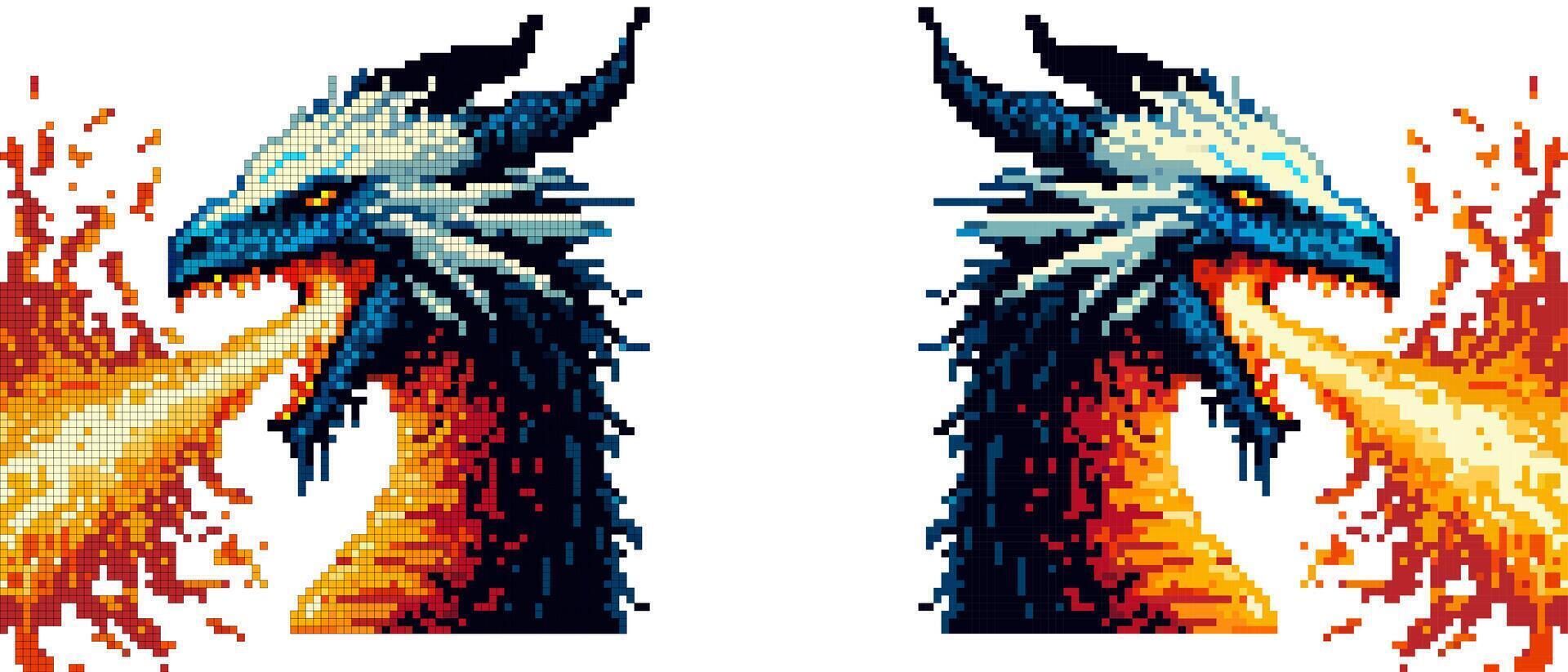 A pixel art dragon with sharp horns and scales emits vibrant flames from its open maw against a plain background. vector