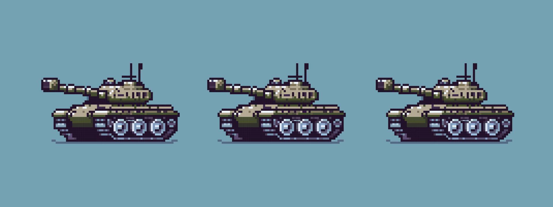 Pixel art of a military tank with a large cannon on a blue background. vector
