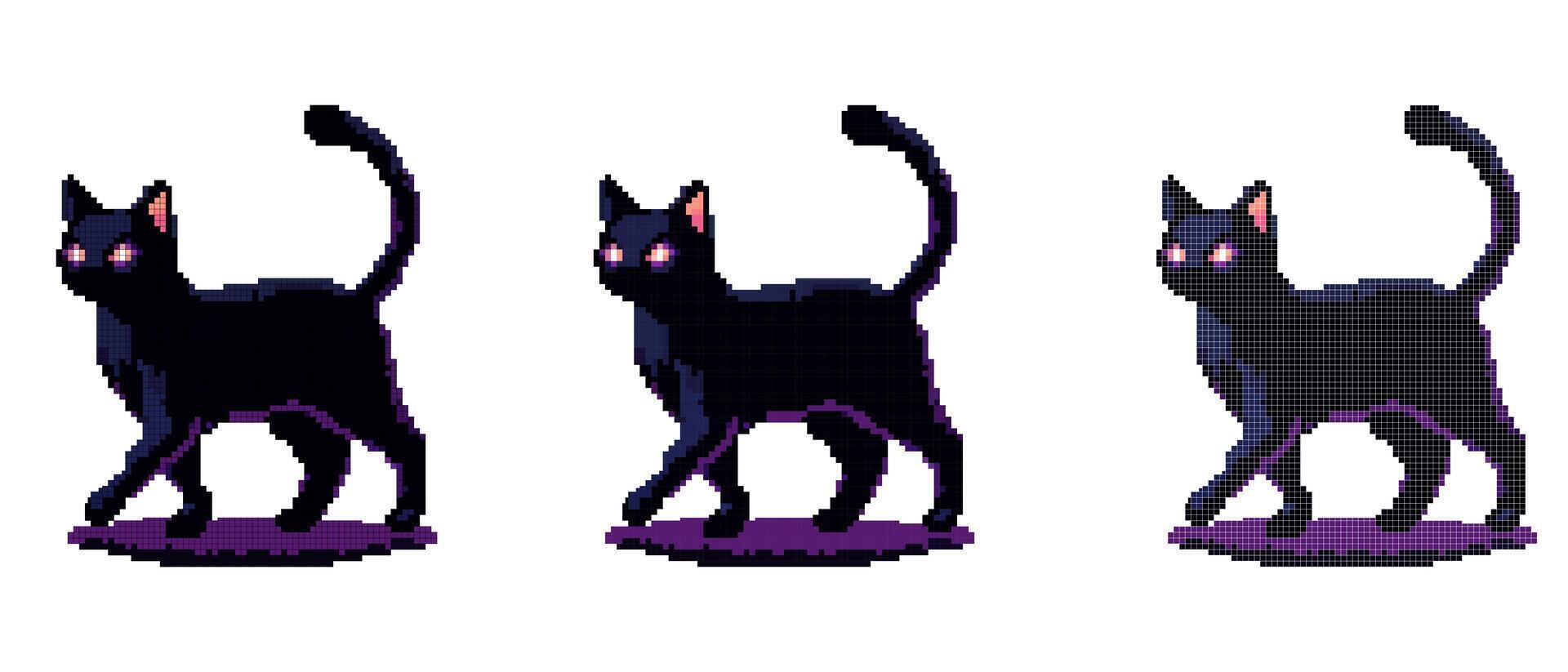 Pixel black cat with glowing eyes on a white background. vector