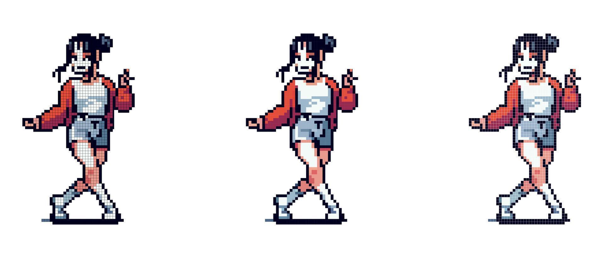 Pixel character girl in a pose of a dancing person, dressed in casual clothes, with a stylish hairstyle. vector